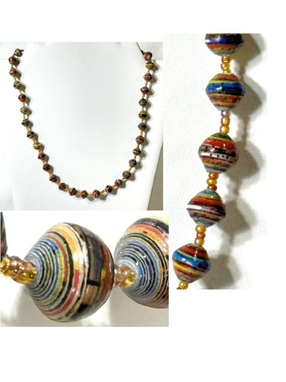 Handmade lacquered paper bead necklace.
